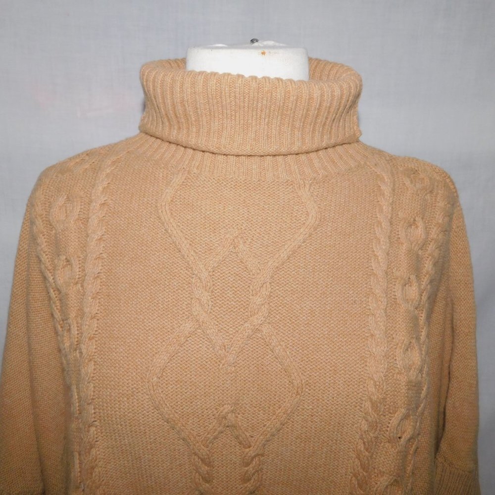GAP Women XS Oversized Brown Tan Cable Knit Wool blend Turtleneck Poncho Sweater - Picture 3 of 11